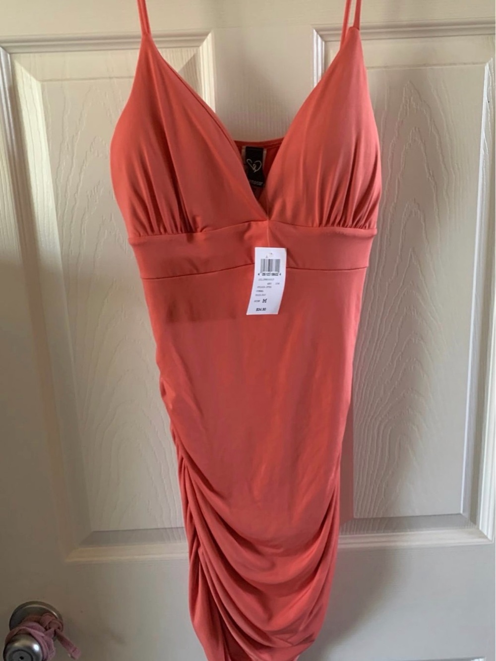 Windsor Coral Spaghetti Strap Ruched Mini Dress